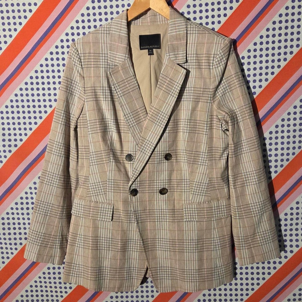 Banana Republic Vintage Tan White Plaid Double Breasted Blazer Pink Grey Large